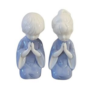 Vintage Lefton Blue And White Porcelain Praying Angel Figurine Set "1960"